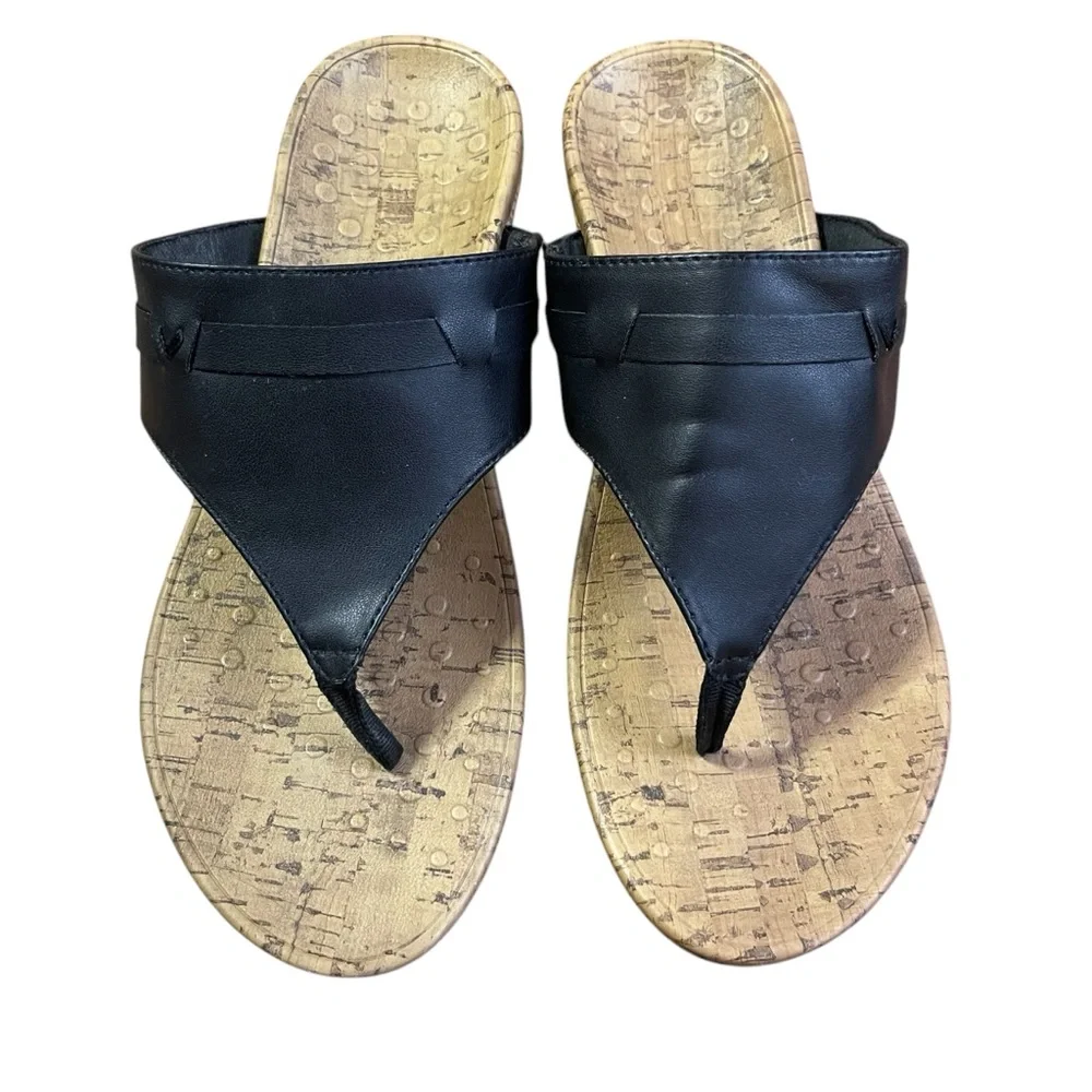 Vionic Anita Black Leather Orthotic Cork Wedge Sandals Comfort Women’s‎